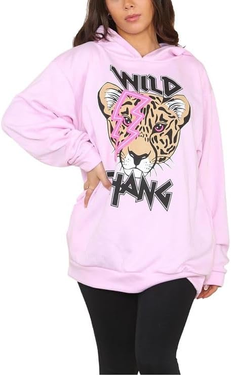 Ladies Wild Thang Printed Hoodie Women's Long Sleeve Tiger Lightening Eye Oversized Baggy Sweatshirt Hoodie UK Size 8-22