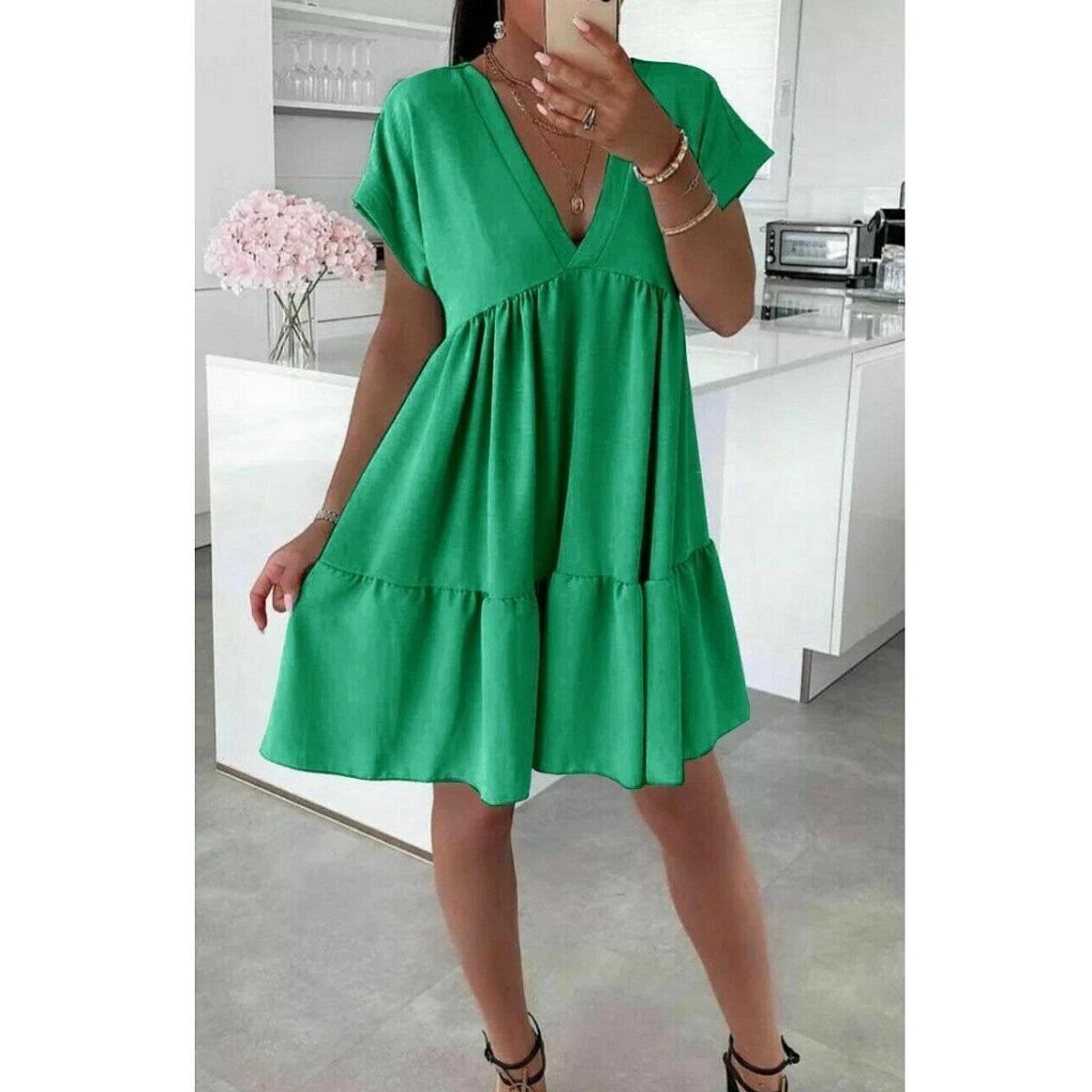 Women's V-Neck Frill Layered Pleated Summer Beach Smock Swing Mini Dress Top New Casual Fabric Short Womenswear Ladies Underwear Lady Casual Wear