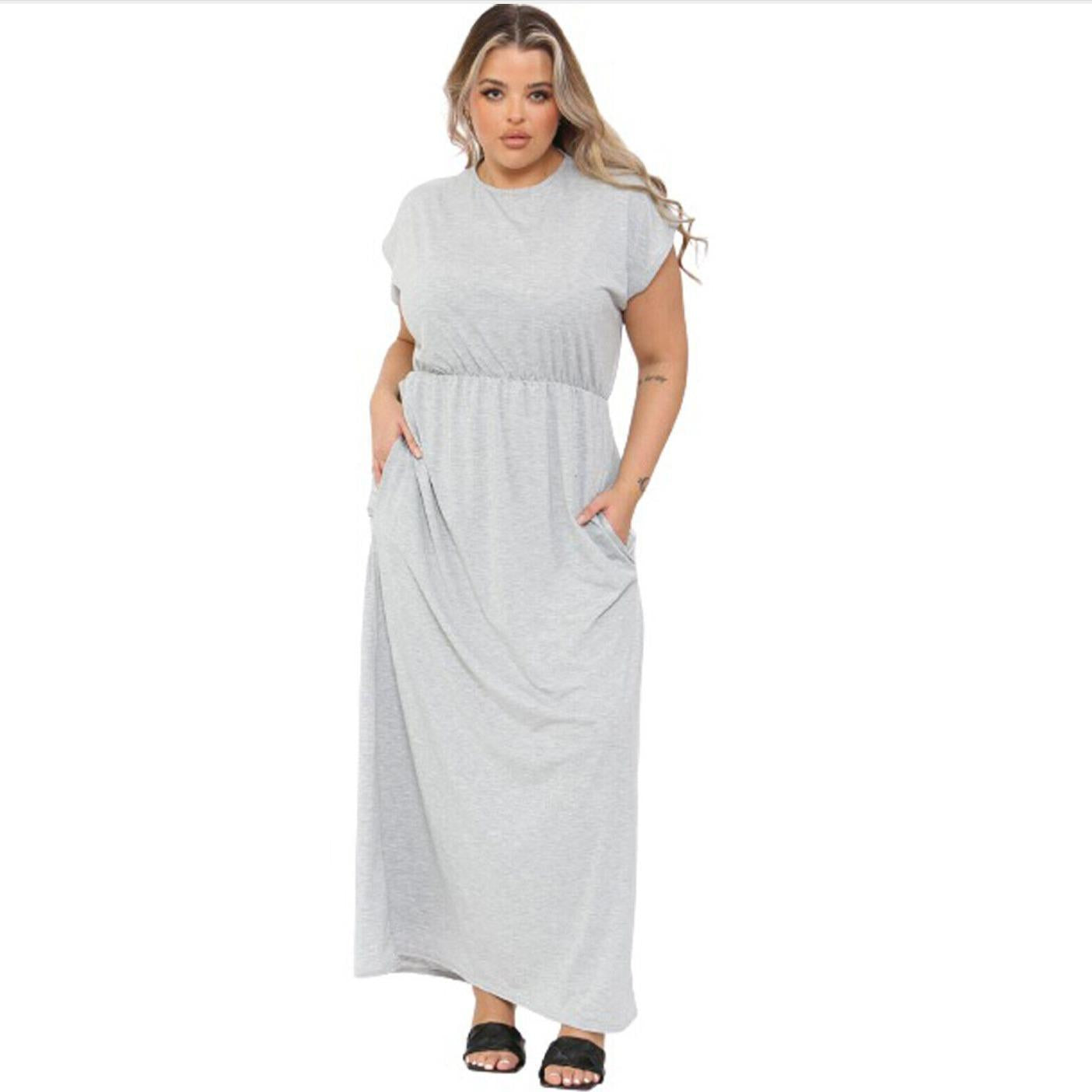 LADIES SHORT SLEEVE FULL LENGTH 2 POCKET WOMEN'S LONG MAXI DRESS PLUS SIZE UK Casual Fabric Jersey Soft Summer Womenswear Comfortable Longline