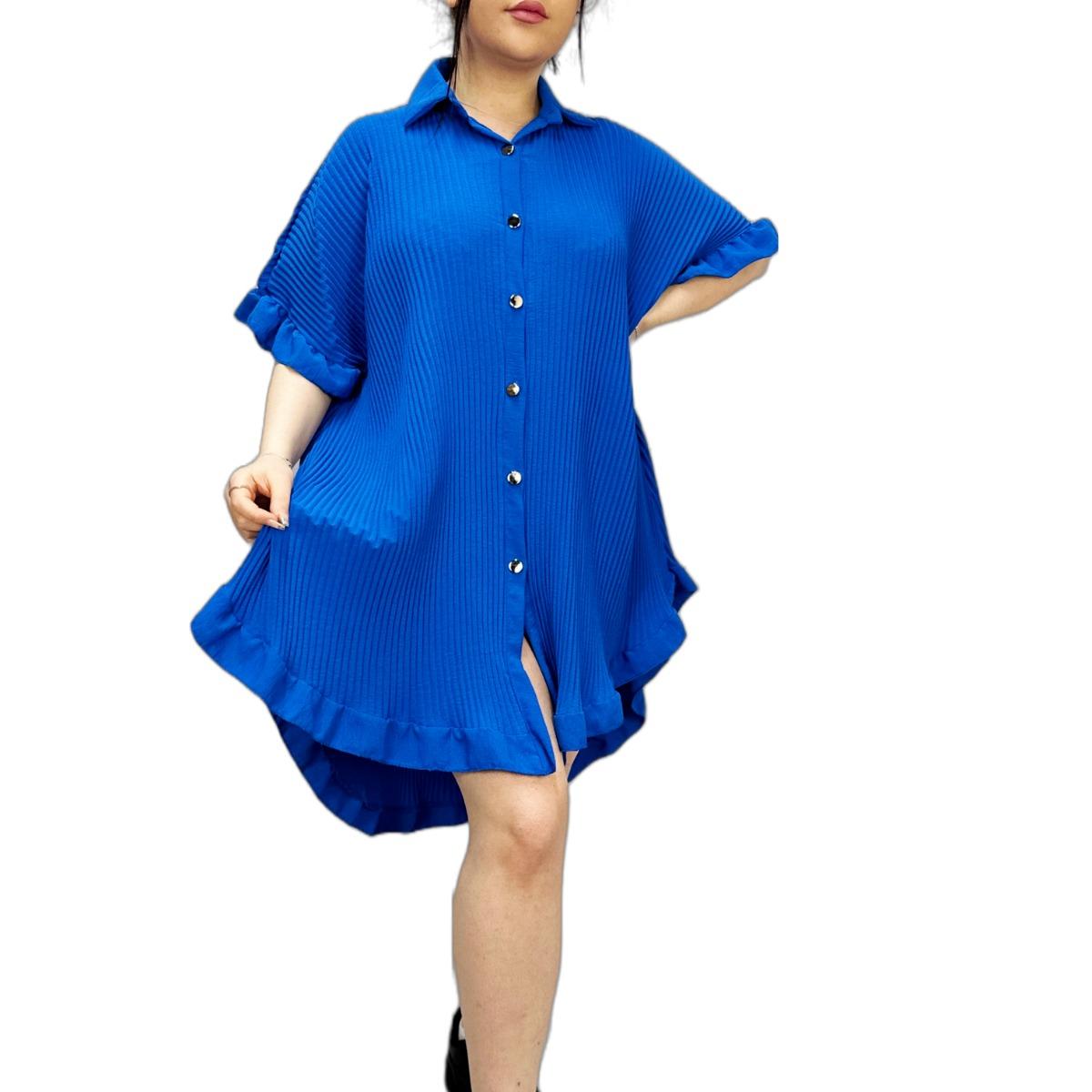 LUXEDIVA Women's Shirt Dress Pleated Short Sleeve Loose Italian Buttons Plain Detail