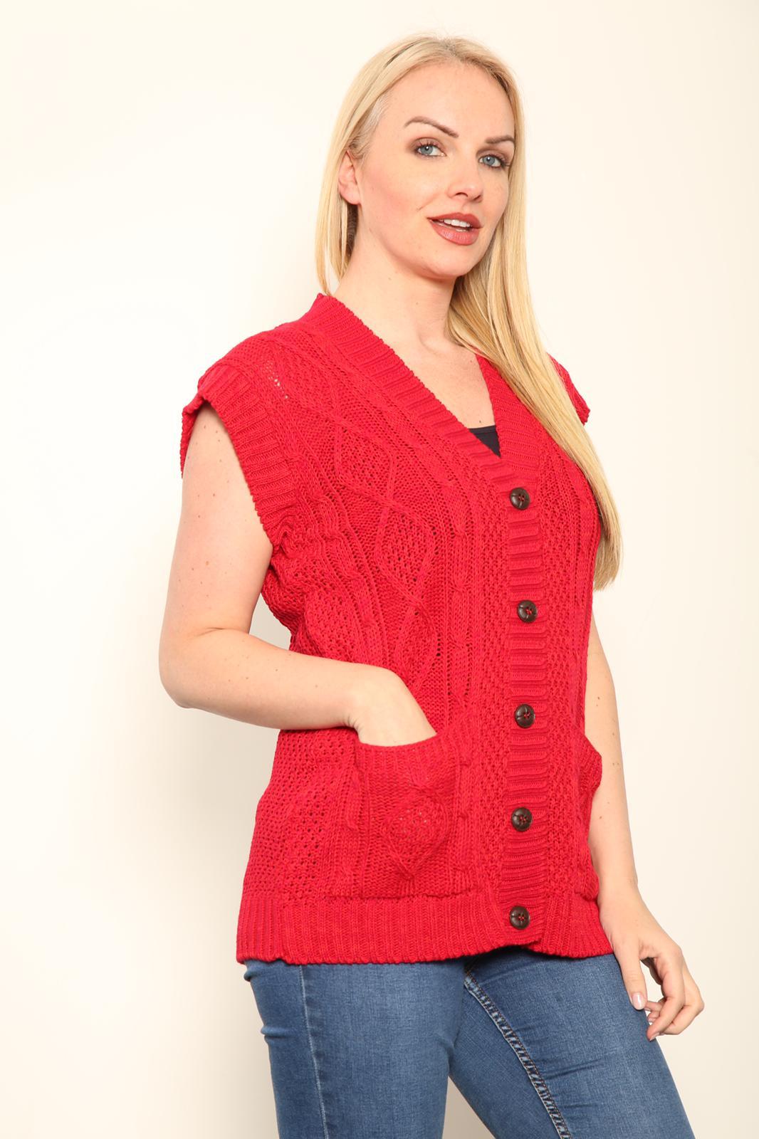 LADIES SLEEVELESS 5 BUTTON WAISTCOAT KNITTED 2 POCKETS V/NECK SELF COLOUR KNITWEAR FRONT PATTERN W/COAT ALL YEAR ROUND WEAR