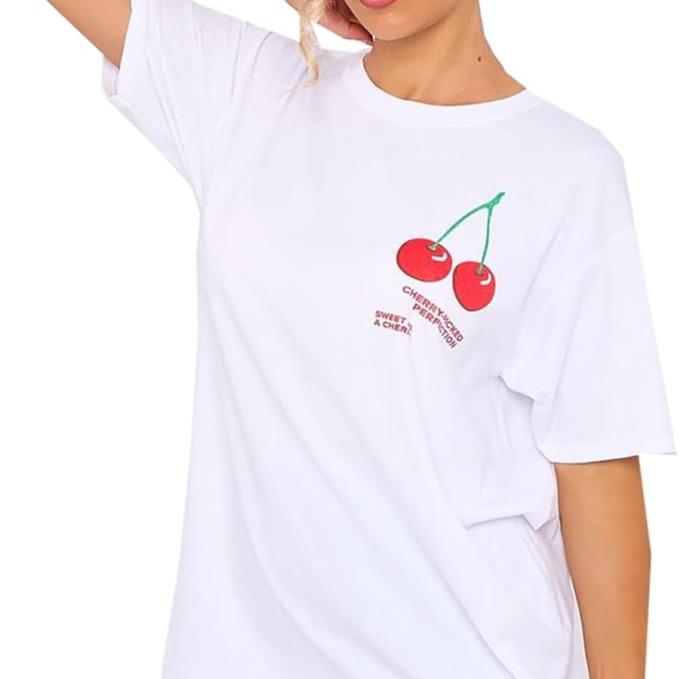 LUXE DIVA Women's Cherry Perfection Printed Oversized Top T-Shirt, Ladies Casual Short Sleeve Baggy Fit Crew Neck Summer Oversized Fruit Slogan Print Tees Shirt UK Plus Size Womenswear Lady Comfort Tshirt Streetwear Crewneck Round Neck