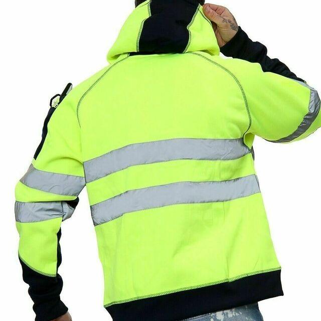 LUXE DIVA Hi Viz Vis High Visibility Jacket 3 Zip 4 Pocket Hoodie Work Zipper Hooded Sweat Shirts