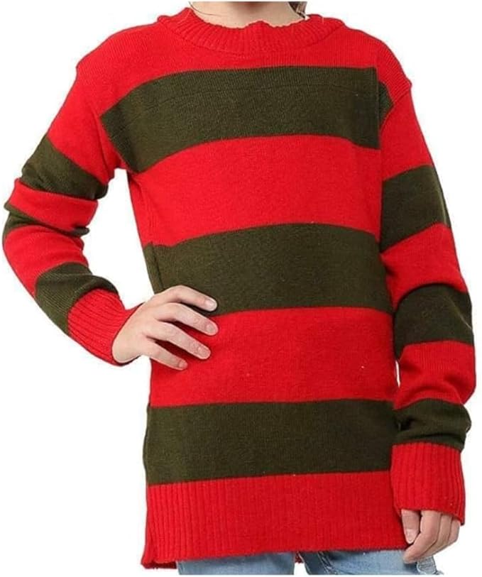 LUXE DIVA Women’s Red Green Stripe Knitted Jumper Ladies Halloween Fancy Dress Sweater Top Girls Long Sleeve Knitted Pullover Winter Sweatshirt