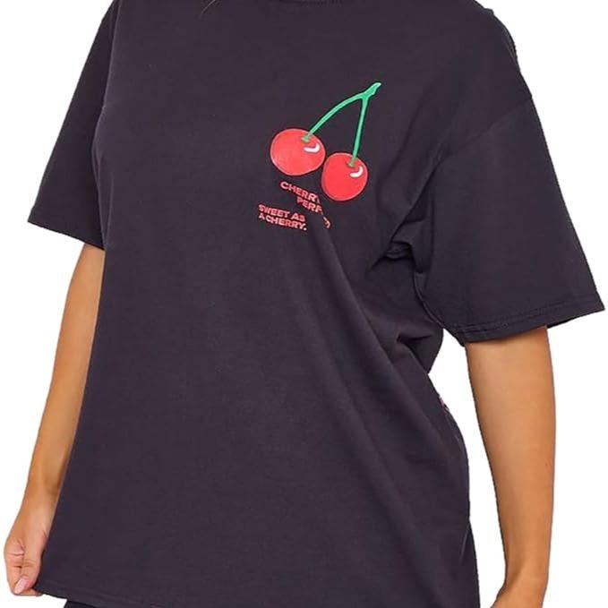 LUXE DIVA Women's Cherry Perfection Printed Oversized Top T-Shirt, Ladies Casual Short Sleeve Baggy Fit Crew Neck Summer Oversized Fruit Slogan Print Tees Shirt UK Plus Size Womenswear Lady Comfort Tshirt Streetwear Crewneck Round Neck