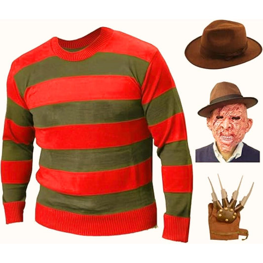 LUXE DIVA Men's Halloween Costume Red Green Stripe Knitted Jumper Explore Hat Scary Mask & Claw Hand Glove Halloween Cosplay Horror Fancy Dress Costume Suit Sweater+Top+Hat+Mask+Glove For Adult