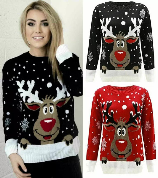 LUXE DIVA Women's Knitted Rudolph on wall Xmas Snowflake Ladies kids Reindeer Pom Jumpers