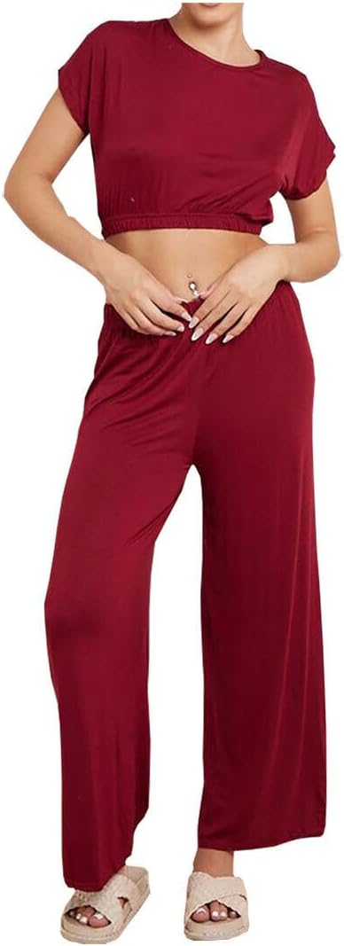 Womens Crew Neck Crop Top and Flared Trouser 2 Pcs Set Ladies Loungewear outfits Casual Flared Bottom Co Ord Set