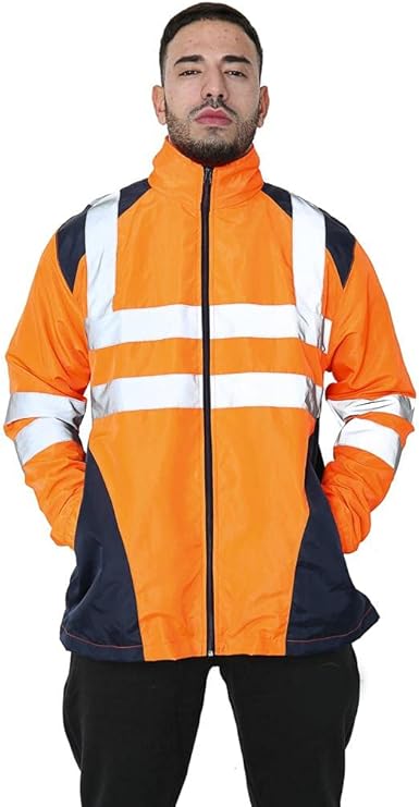 LUXE DIVA  Hi Vis Rain Jacket Mens High Visibility Waterproof Reflective Tape Band Safety Zipper Hooded Top Lightweight Sizes S to 5XL