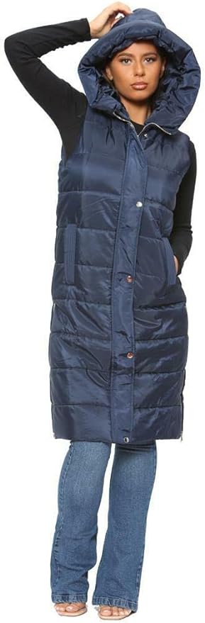 Ladies Padded Gilet Longline Hooded Jacket Quilted Winter Wear Long Hooded Side Split Puffer Gilet Long Body Warmer Coat Women's Gilet Jacket Zip Up Vest Waistcoat Size S-3XL