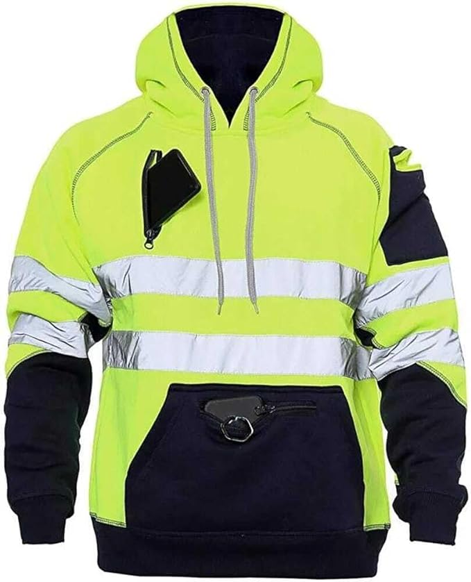 Hi Vis Hoodie - Hi Viz Sweatshirt Safety Work Reflective Jumper Hoodie Tape Band Work Warm Security High Visibility Sweatshirt 3 Zipped Pocket Pullover Hooded Top Plus Size Small - 5XL