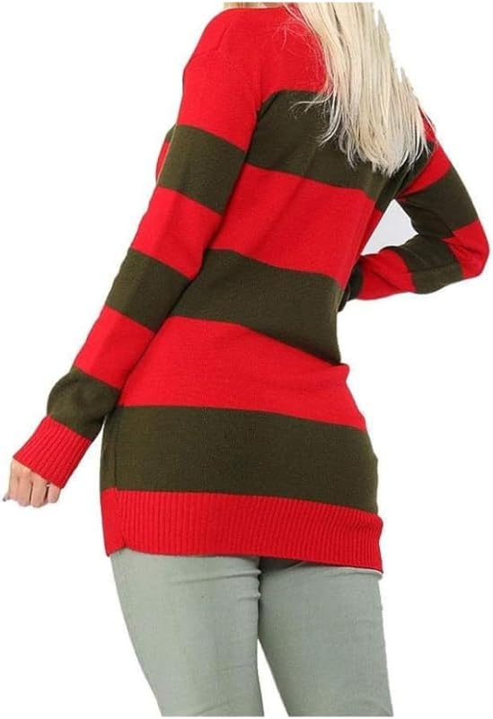 LUXE DIVA Women’s Red Green Stripe Knitted Jumper Ladies Halloween Fancy Dress Sweater Top Girls Long Sleeve Knitted Pullover Winter Sweatshirt