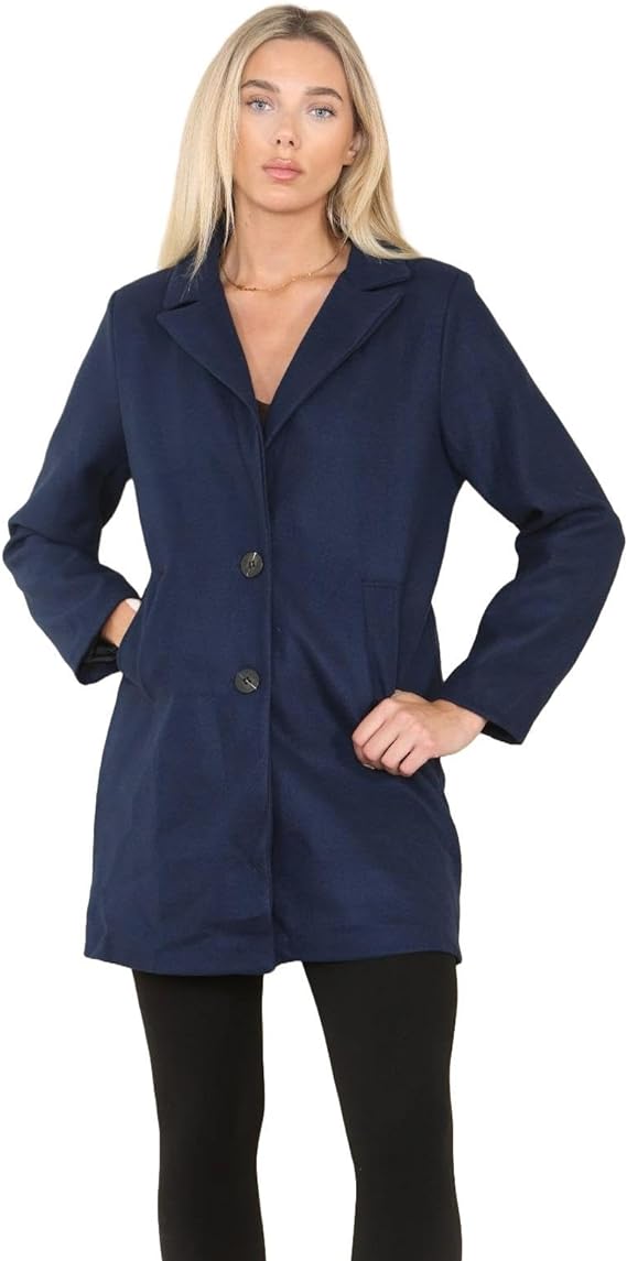 Womens italian Casual Collar two Pocket Ladies Wool Cashmere Blend Coat Wool Look Long Sleeve Collared Front Button Jacket Coat Sizes 12-18