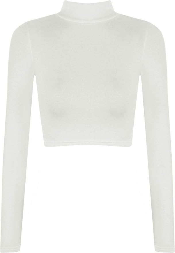 Womens Turtle Neck Crop Ladies Long Sleeve Plain Polo Short Stretch Top Sizes 8-14