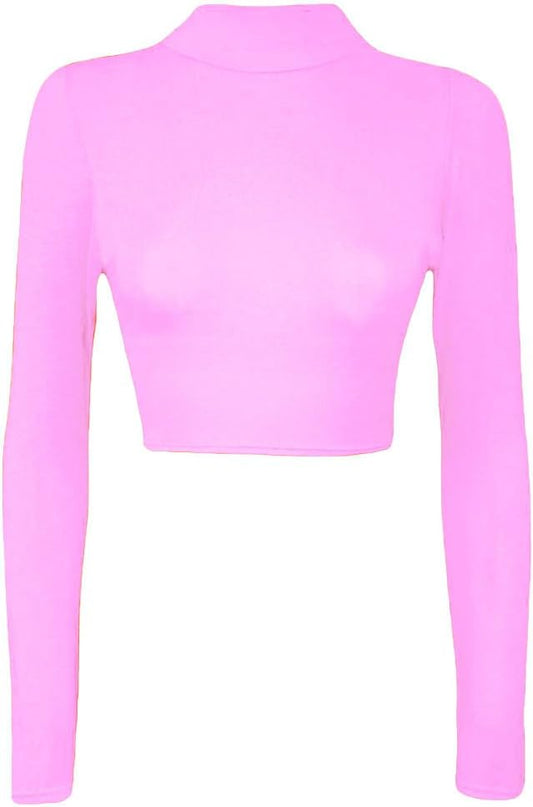 Womens Turtle Neck Crop Ladies Long Sleeve Plain Polo Short Stretch Top Sizes 8-14