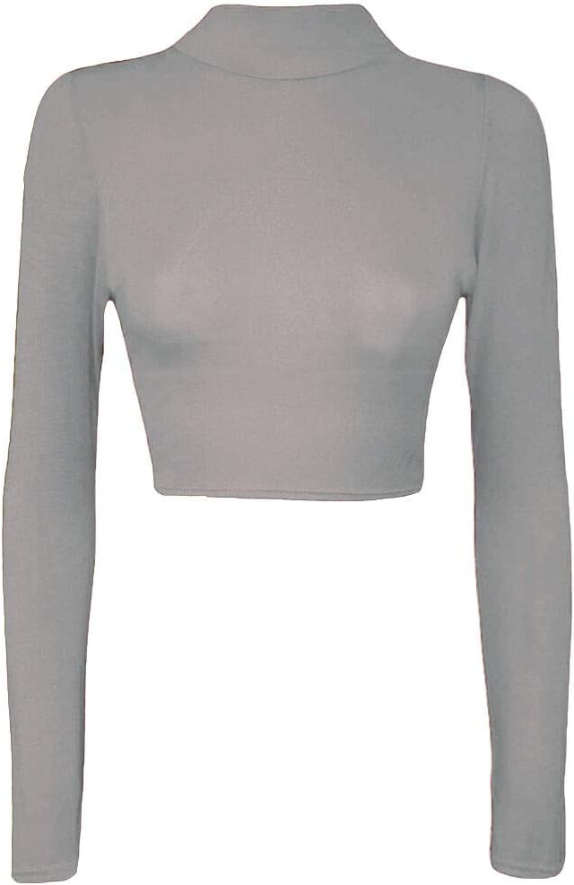 Womens Turtle Neck Crop Ladies Long Sleeve Plain Polo Short Stretch Top Sizes 8-14