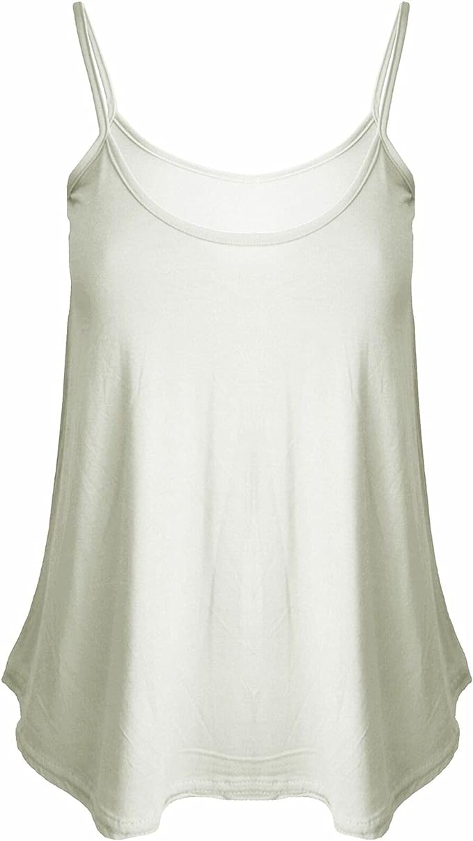 Womens Plain Sleeveless Round Scoop Neckline Stretch Slim Straps Strappy Flared Swing Camisole T-Shirt Vest Top UK Size 16-22