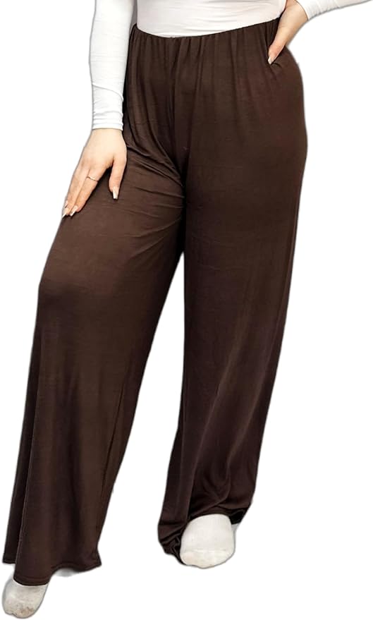 Ladies Palazzo Wide Leg Flared Elasticated Stretch Plus Size Plain Trousers 8-26