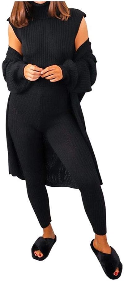 Women's Long Sleeve Knit 3 Piece Roll Neck Chunky Knitted Top Open Cardigan Tracksuit Ladies Ribbed Sleeveless Jumper Elasticated Legging Lounge Wear Set Size 8-14