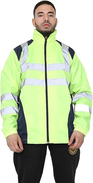 LUXE DIVA  Hi Vis Rain Jacket Mens High Visibility Waterproof Reflective Tape Band Safety Zipper Hooded Top Lightweight Sizes S to 5XL