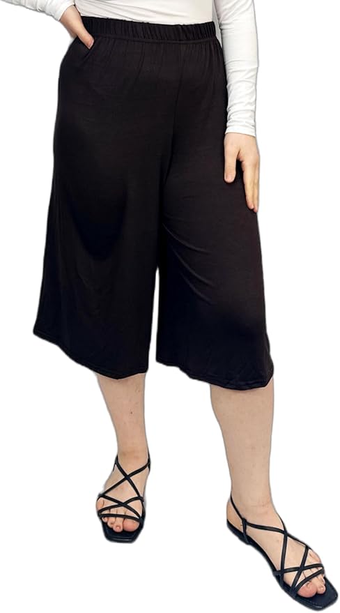 Ladies Plain 3/4 Length Short Palazzo Trousers Casual Wide Leg Culottes Pants Plus Sizes UK 8-26