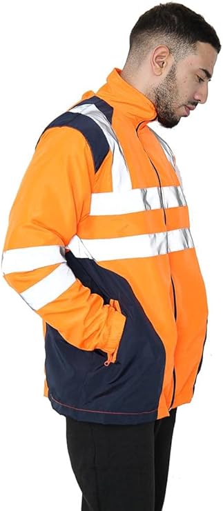 LUXE DIVA  Hi Vis Rain Jacket Mens High Visibility Waterproof Reflective Tape Band Safety Zipper Hooded Top Lightweight Sizes S to 5XL