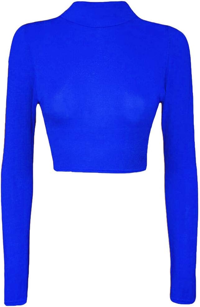 Womens Turtle Neck Crop Ladies Long Sleeve Plain Polo Short Stretch Top Sizes 8-14