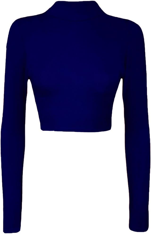 Womens Turtle Neck Crop Ladies Long Sleeve Plain Polo Short Stretch Top Sizes 8-14