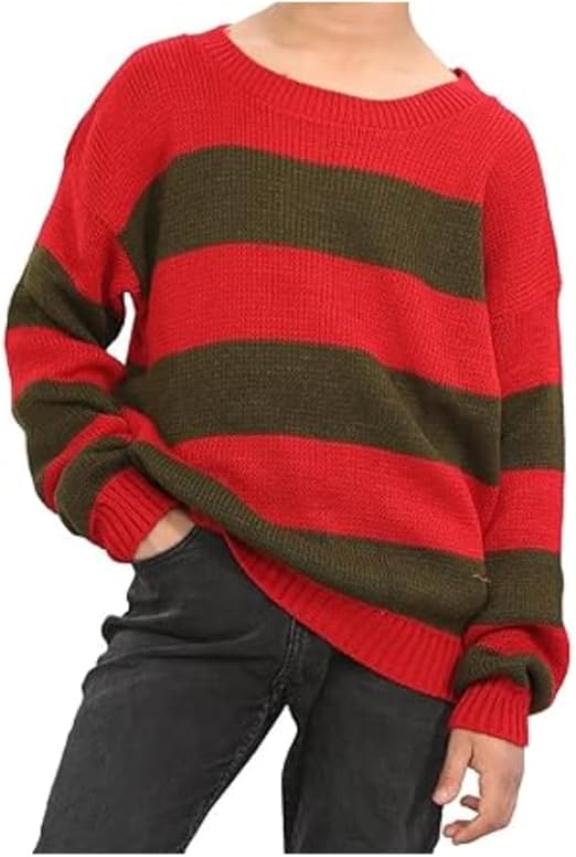 LUXE DIVA Kids Unisex Freddy Halloween Horror Costume Party Red Green Stripe Knitted Sweater - Boys Girl Long Sleeve Pullover Winter Sweatshirt