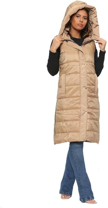 Ladies Padded Gilet Longline Hooded Jacket Quilted Winter Wear Long Hooded Side Split Puffer Gilet Long Body Warmer Coat Women's Gilet Jacket Zip Up Vest Waistcoat Size S-3XL