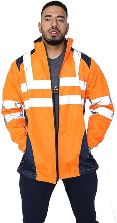 LUXE DIVA  Hi Vis Rain Jacket Mens High Visibility Waterproof Reflective Tape Band Safety Zipper Hooded Top Lightweight Sizes S to 5XL