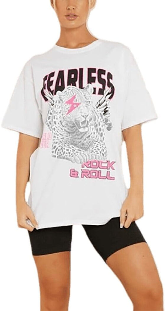 Womens Fearless Rock & Roll Slogan T Shirt Ladies Tiger Print Oversized Baggy Top