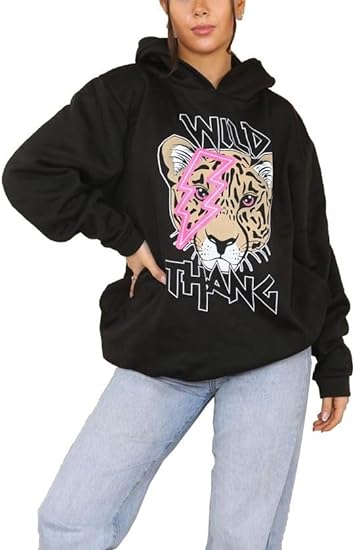 Ladies Wild Thang Printed Hoodie Women's Long Sleeve Tiger Lightening Eye Oversized Baggy Sweatshirt Hoodie UK Size 8-22