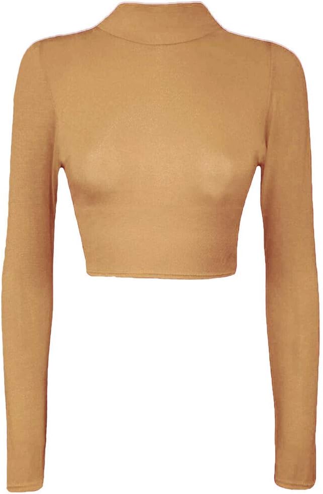 Womens Turtle Neck Crop Ladies Long Sleeve Plain Polo Short Stretch Top Sizes 8-14