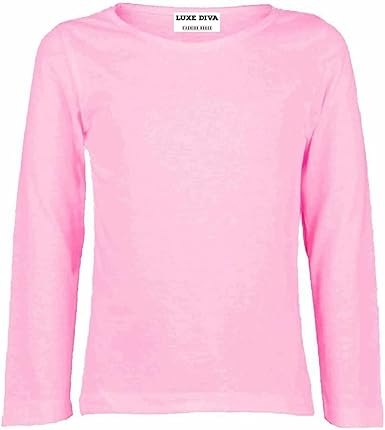 Girls Boy Kids Plain Basic Long Sleeve Round Neck T-Shirt Stretch School Tee Top 2-13 Years