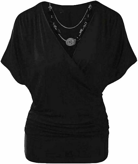 Womens Rap Over Necklace Batwing Top Ladies Stretchy Wrap Over Loose Fit Vest