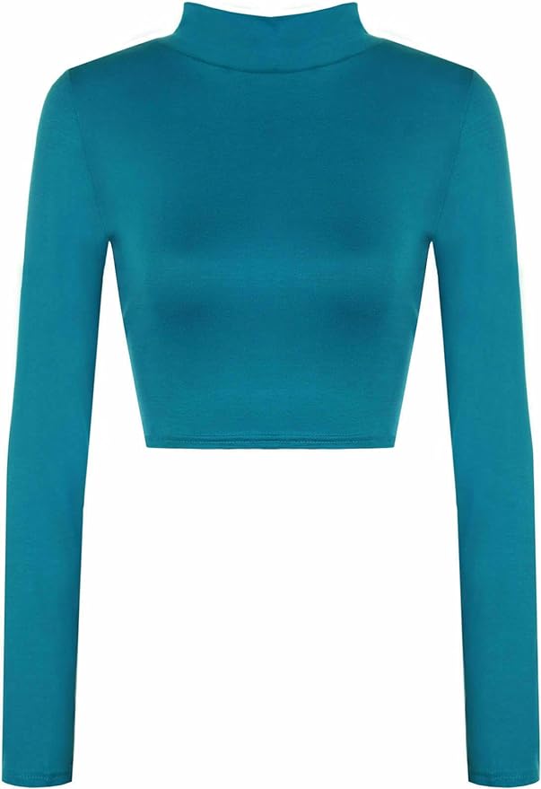 Womens Turtle Neck Crop Ladies Long Sleeve Plain Polo Short Stretch Top Sizes 8-14