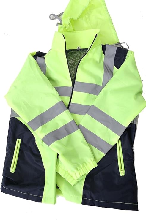 LUXE DIVA  Hi Vis Rain Jacket Mens High Visibility Waterproof Reflective Tape Band Safety Zipper Hooded Top Lightweight Sizes S to 5XL