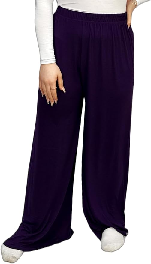 Ladies Palazzo Wide Leg Flared Elasticated Stretch Plus Size Plain Trousers 8-26