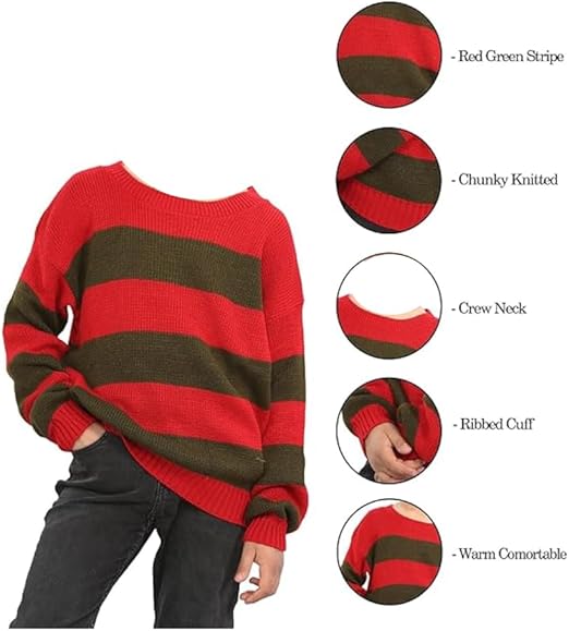 LUXE DIVA Kids Unisex Freddy Halloween Horror Costume Party Red Green Stripe Knitted Sweater - Boys Girl Long Sleeve Pullover Winter Sweatshirt