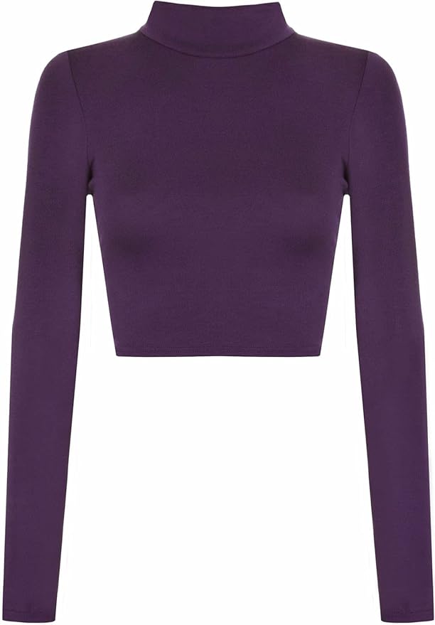 Womens Turtle Neck Crop Ladies Long Sleeve Plain Polo Short Stretch Top Sizes 8-14