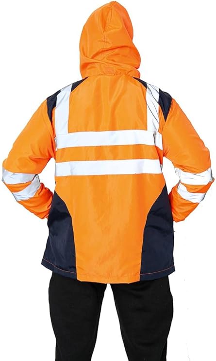 LUXE DIVA  Hi Vis Rain Jacket Mens High Visibility Waterproof Reflective Tape Band Safety Zipper Hooded Top Lightweight Sizes S to 5XL