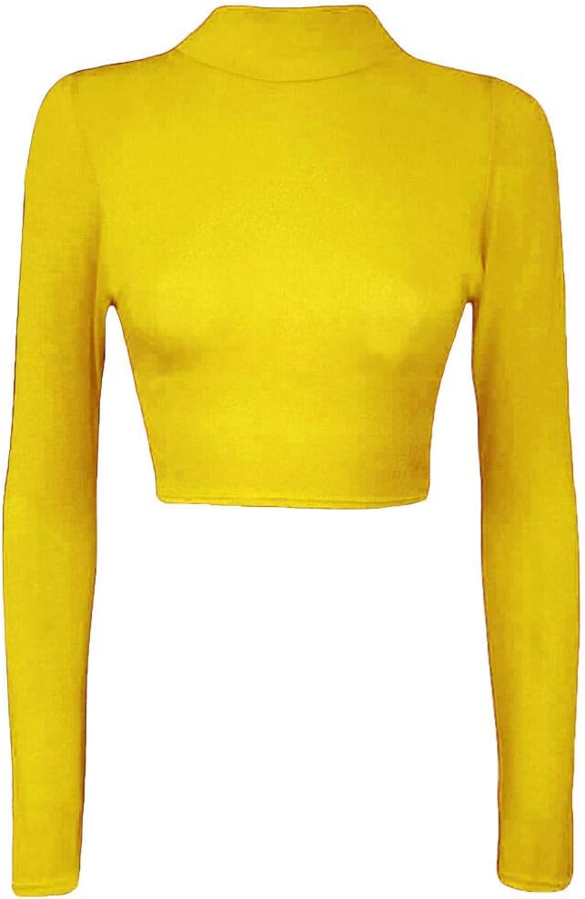 Womens Turtle Neck Crop Ladies Long Sleeve Plain Polo Short Stretch Top Sizes 8-14