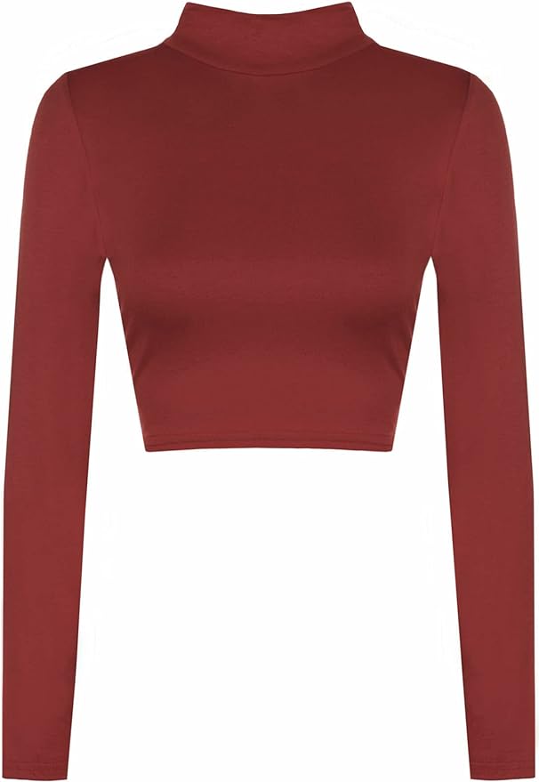 Womens Turtle Neck Crop Ladies Long Sleeve Plain Polo Short Stretch Top Sizes 8-14