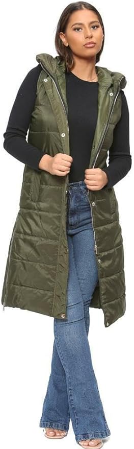 Ladies Padded Gilet Longline Hooded Jacket Quilted Winter Wear Long Hooded Side Split Puffer Gilet Long Body Warmer Coat Women's Gilet Jacket Zip Up Vest Waistcoat Size S-3XL