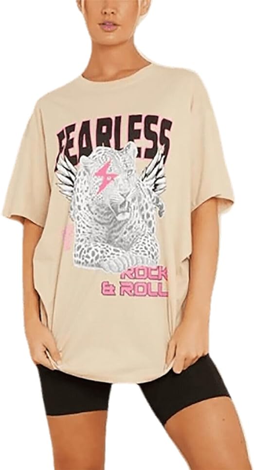 Womens Fearless Rock & Roll Slogan T Shirt Ladies Tiger Print Oversized Baggy Top