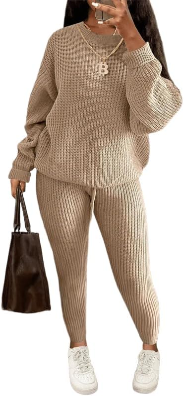 LUXE DIVA Women's 2pcs Round Neck Drop Shoulder Long Sleeve Top & Drawstring Waist Pant, Casual Slim Solid Sweater Set Knitwear