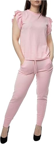 LUXE DIVA Womens Tracksuit Frill Peplum Sleeve Boxy Top Bottom Ladies Lounge Wear Set