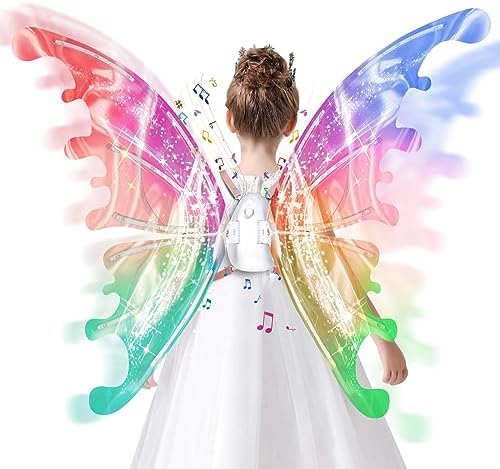 LUXE DIVA Electric Fairy Wings for Girls, Light Up Moving Butterfly Wings with LED Lights and Music, Toy for Kids as Halloween Valentine Birthday Christmas Party Costume Princess Cosplay Dress Up Gift