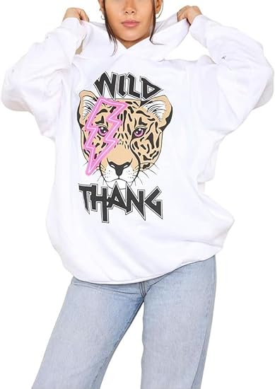 Ladies Wild Thang Printed Hoodie Women's Long Sleeve Tiger Lightening Eye Oversized Baggy Sweatshirt Hoodie UK Size 8-22